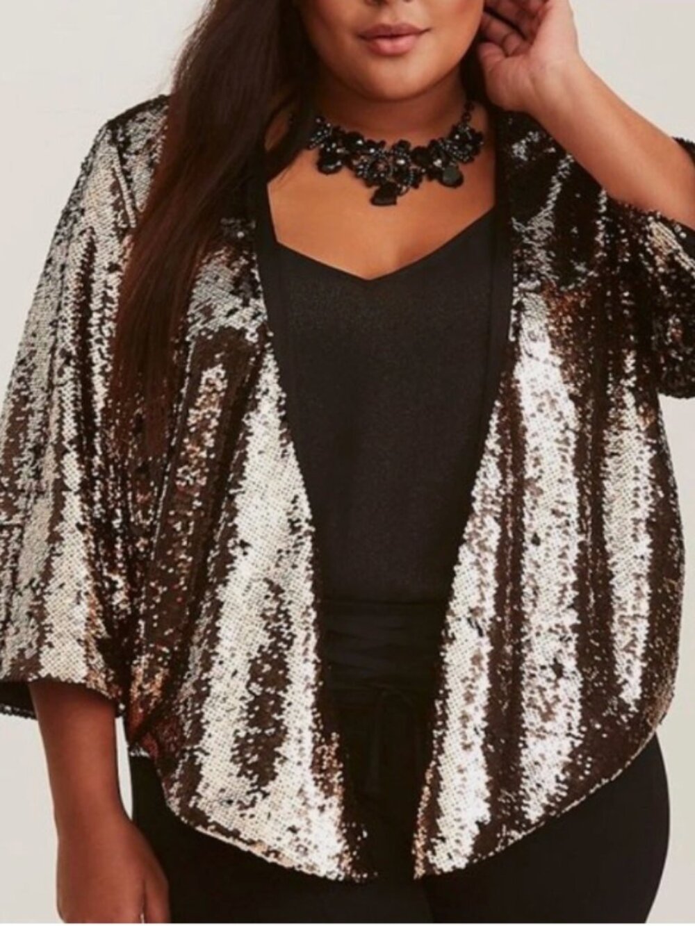 Torrid Sequin Short Drape Jacket Sz 1/2 Black Gold Two Tone Runway Collection